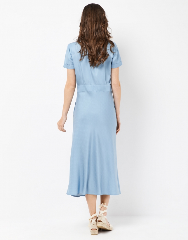 Blue shirtwaist dress with little white dots