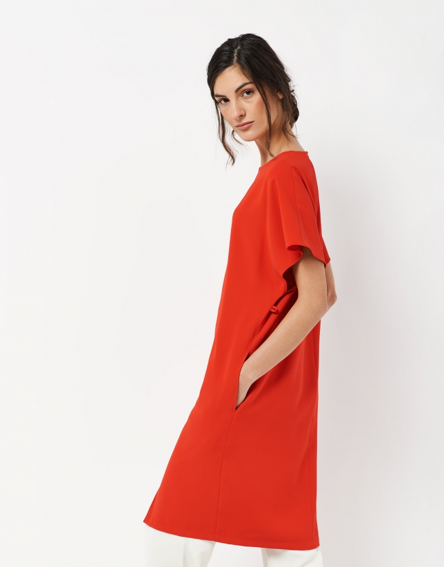 Red loose midi dress with belt