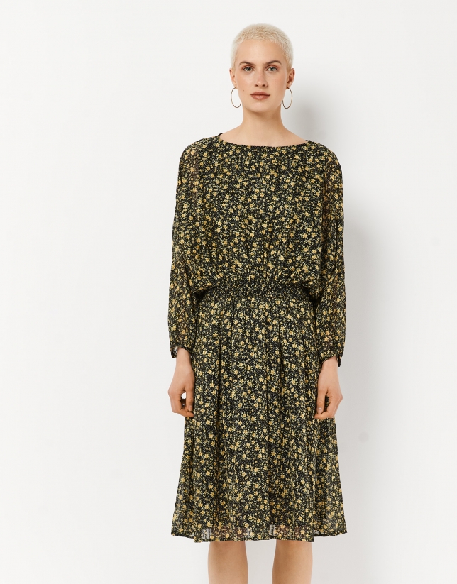 Midi dress with yellow flower design and long puffed sleeves