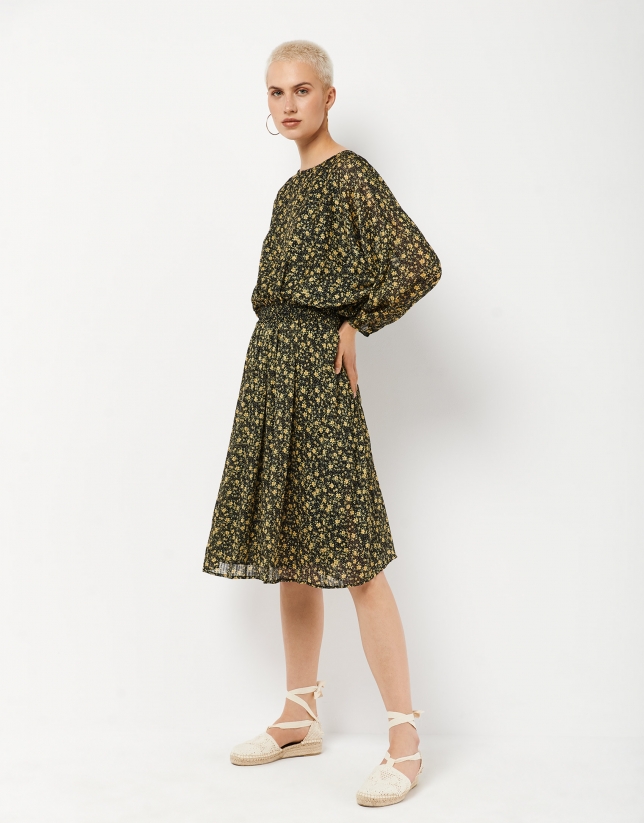 Midi dress with yellow flower design and long puffed sleeves