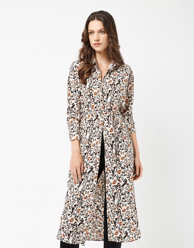 Beige asymmetric shirtwaist dress with brown animal print