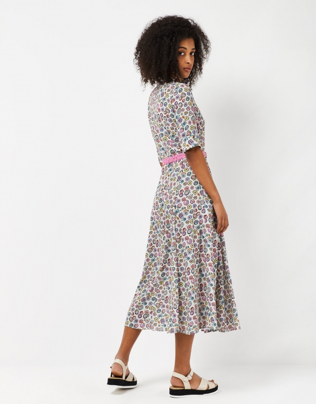 Midi shirtwaist dress with multicolor circle print