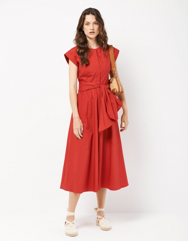 Midi shirtwaist red dress with bow