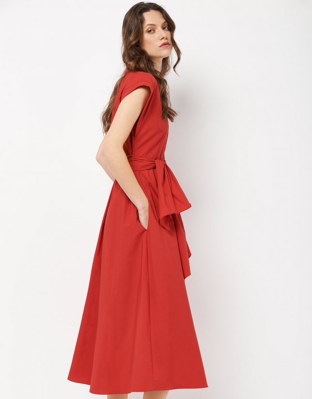 Midi shirtwaist red dress with bow