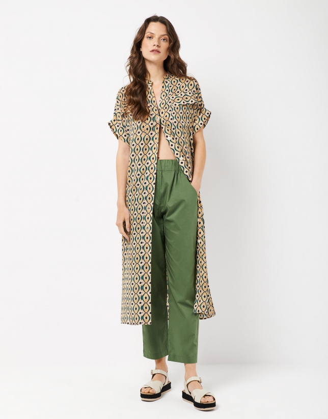 Long shirtwaist dress with green geometric print