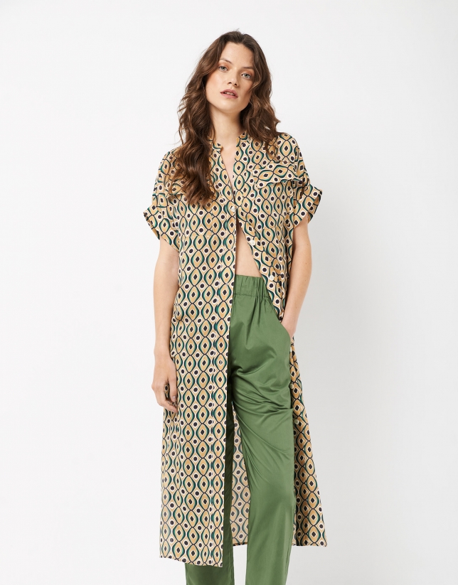 Long shirtwaist dress with green geometric print