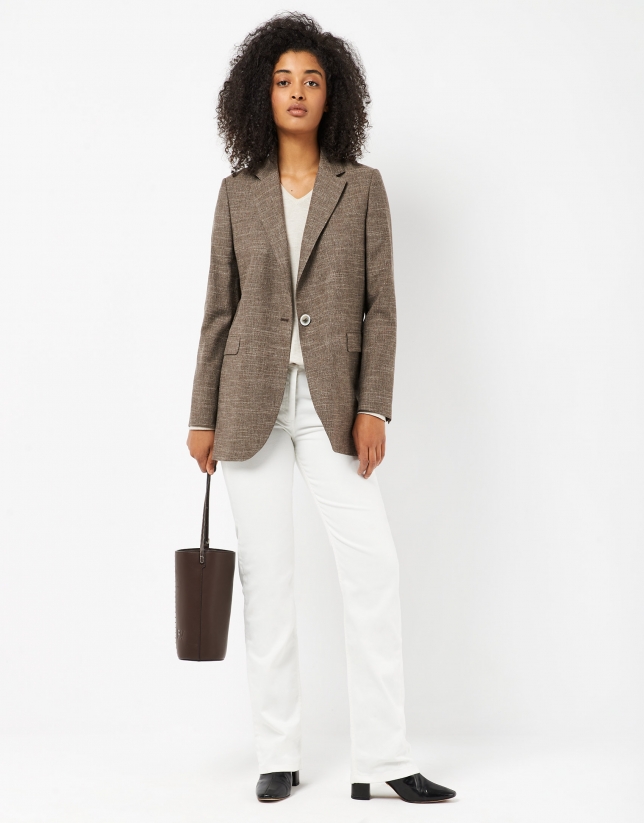 Brown linen and wool blazer with one button