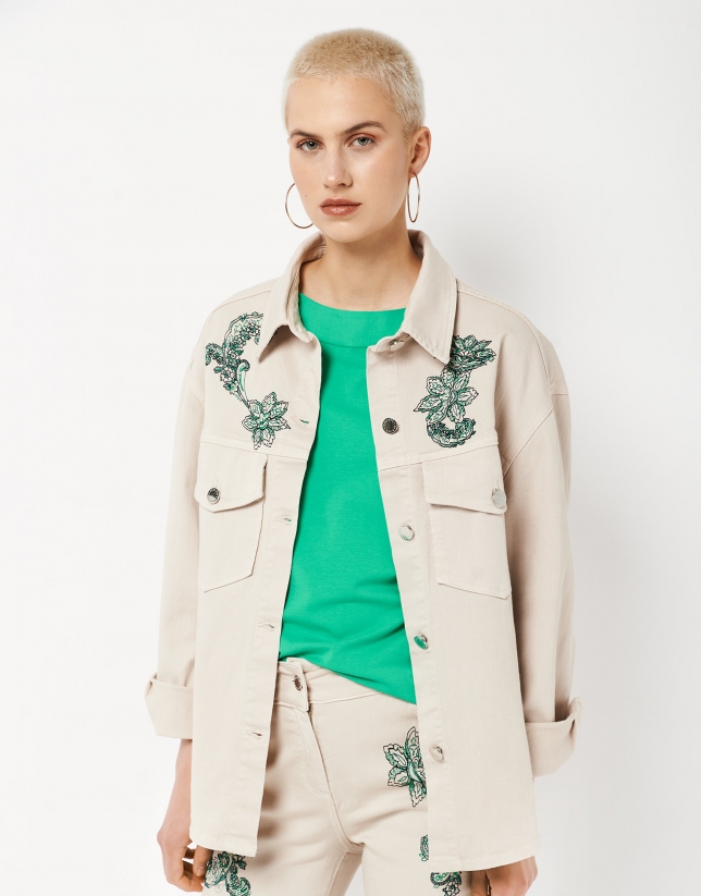 Light beige jean overblouse-style jacket with embroidery