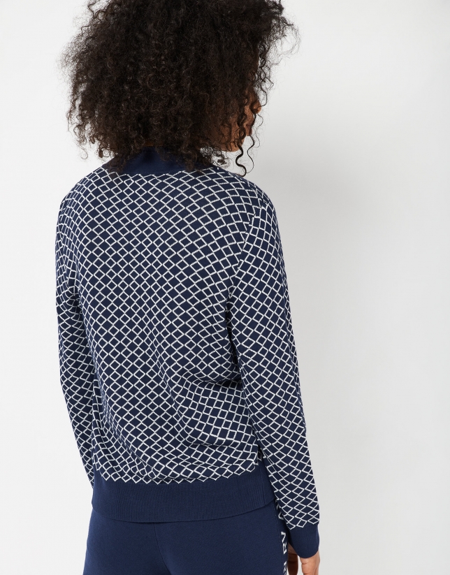 Sweatshirt-style knit jacket with geometric print