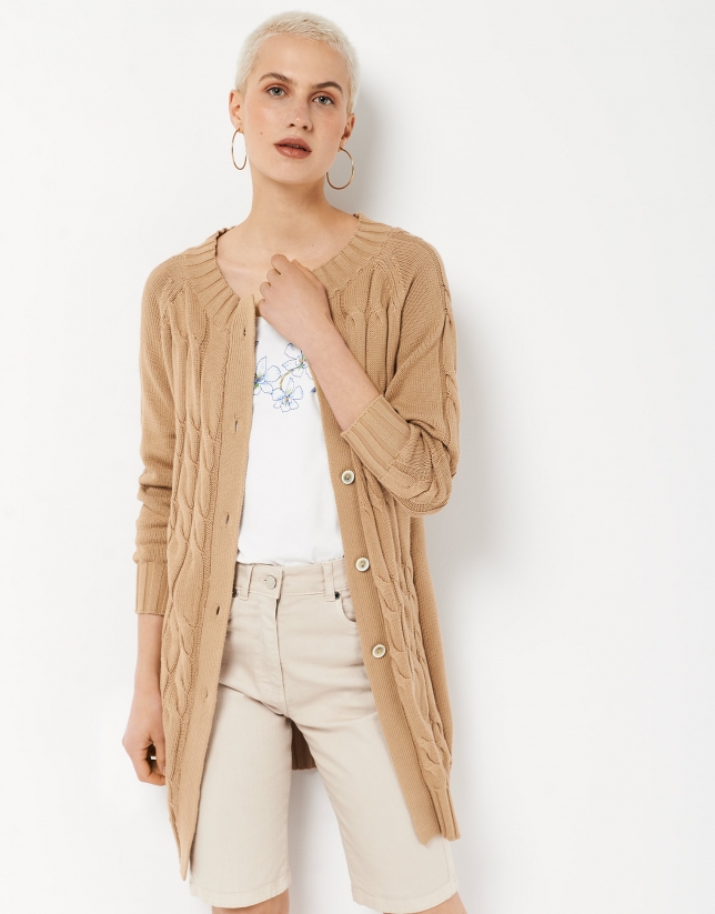 Long beige jacket with cable-stitching