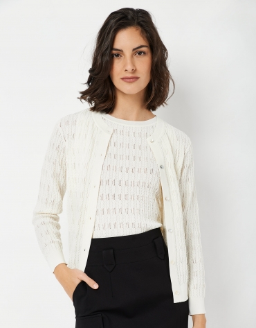 Beige knit cardigan with interlaced cable stitching
