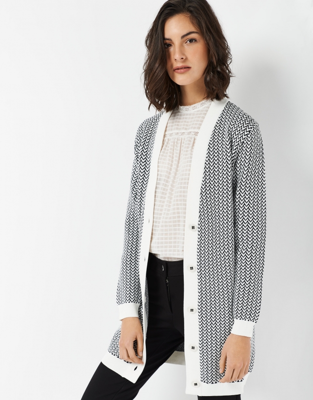 Long black and white herringbone knit jacket