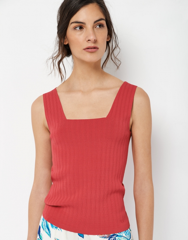 Red checked sleeveless top with square neck