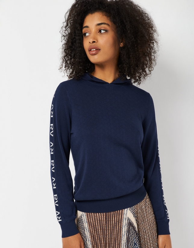 Blue knit sweatshirt-sweater with RV jacquard print