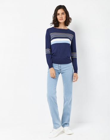 Navy blue sweater with stripes in front