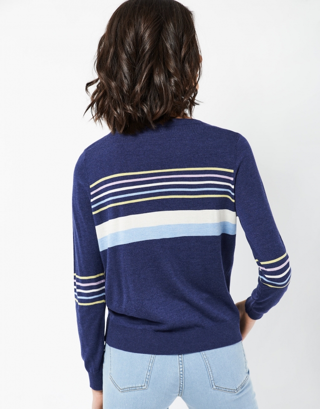 Navy blue sweater with stripes in front