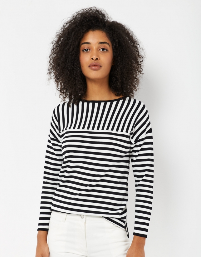 Black and white striped sweater with boat neck