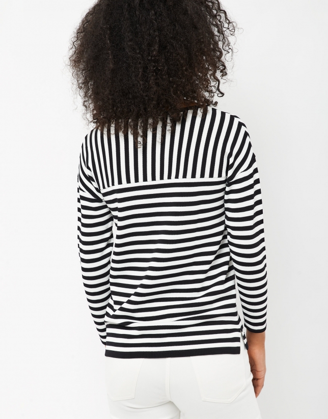 Black and white striped sweater with boat neck