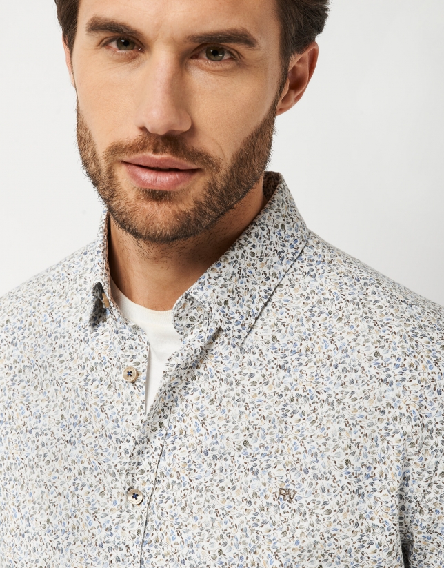 Tan color and blue leaves print sport shirt