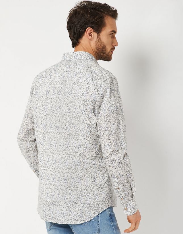 Tan color and blue leaves print sport shirt