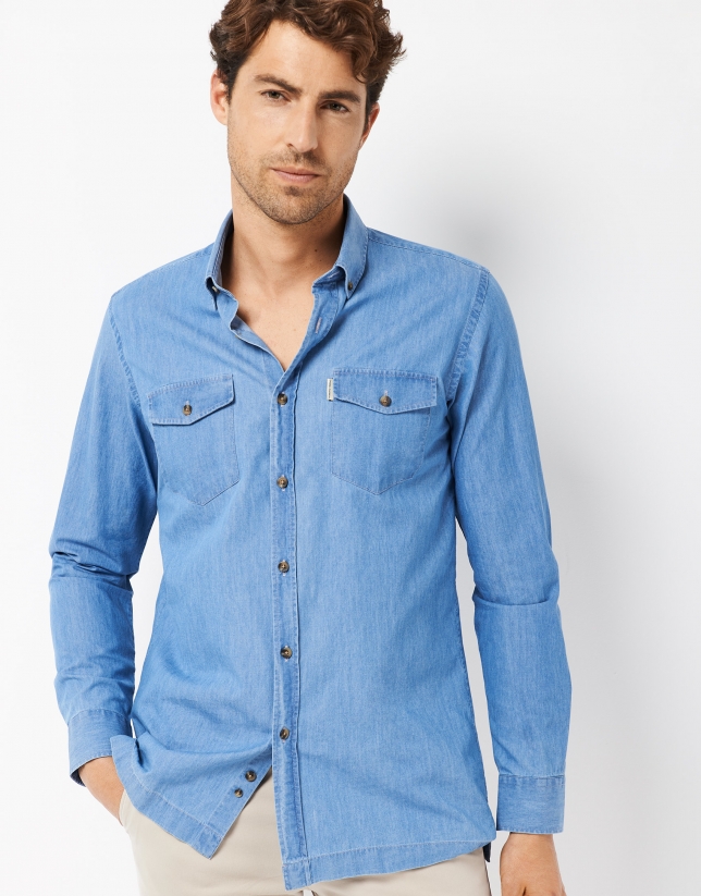 Stone-washed light blue jean shirt