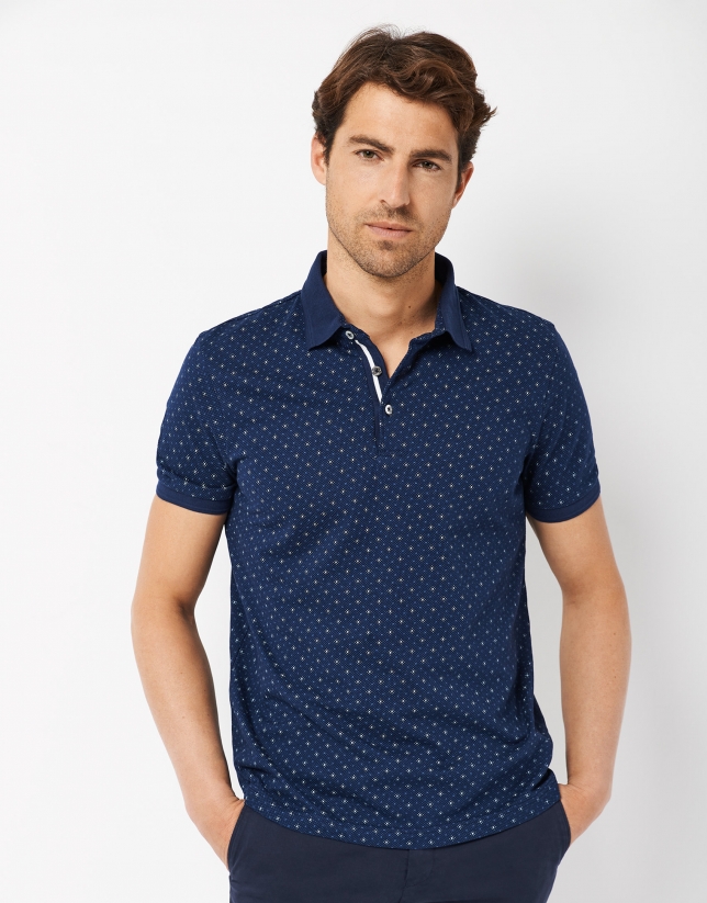 Navy blue pique polo shirt with white dots