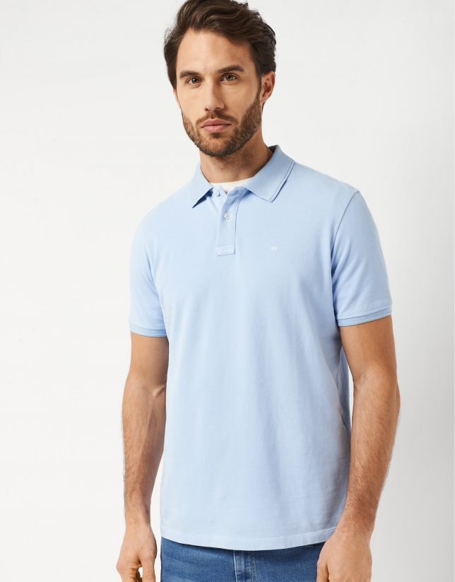 Dyed light blue pique cotton polo shirt