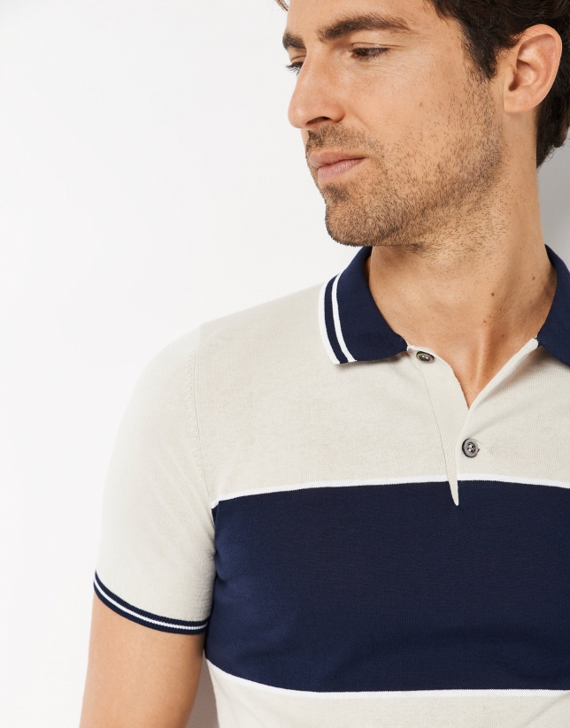 Navy blue and cream knit polo shirt