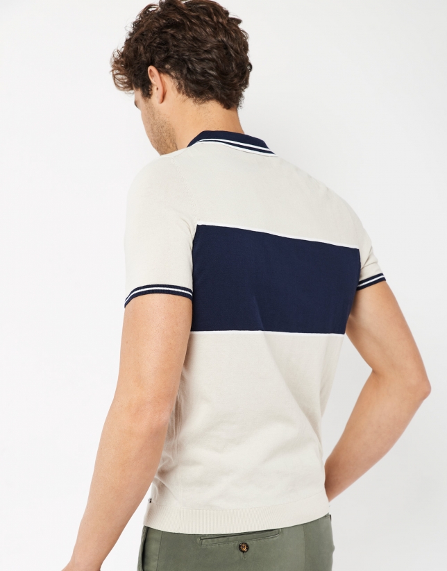 Navy blue and cream knit polo shirt