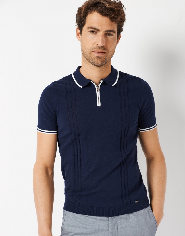 Navy blue knit polo shirt with zipper