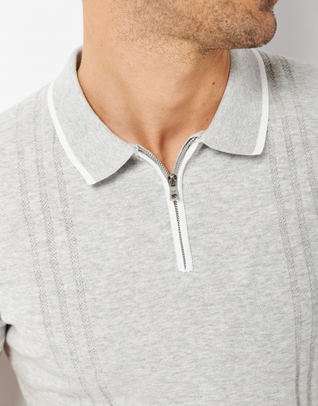 Gray knit polo shirt with zipper