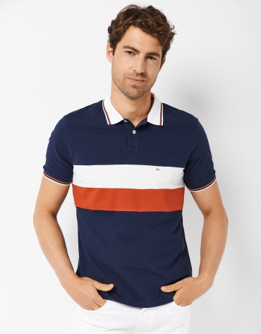 Navy blue polo shirt with orange and white stripes