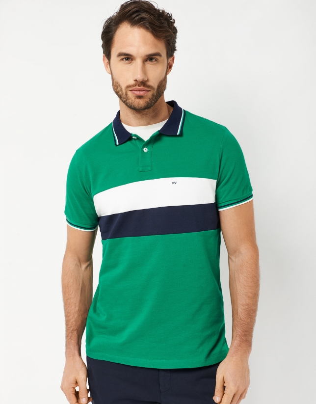 Greene polo shirt with navy blue and white stripes