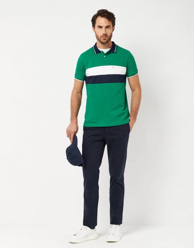 Greene polo shirt with navy blue and white stripes