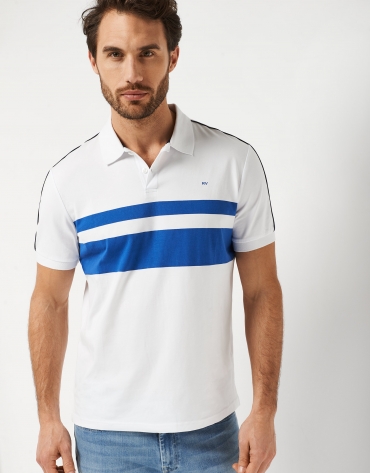 White polo shirt with broad blue stripe in the front