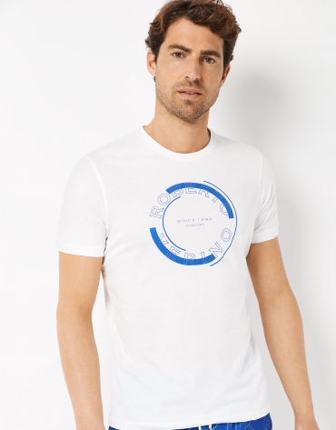 White cotton t-shirt with blue rounded logo