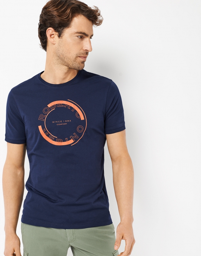 Navy blue cotton t-shirt with orange rounded logo