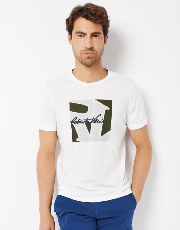 White cotton t-shirt with grey/kakhi/navy blue squared logo
