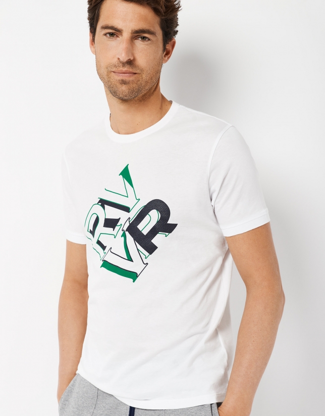 White top with embossed navy blue and green RV logo 