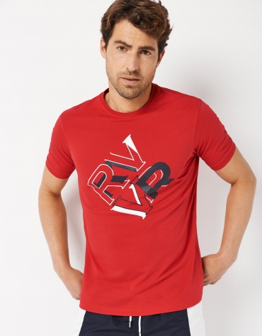 Red top with embossed navy blue and white RV logo 
