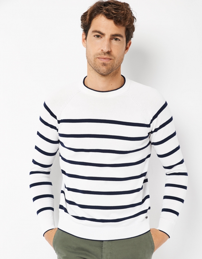 Navy blue and white striped sweater