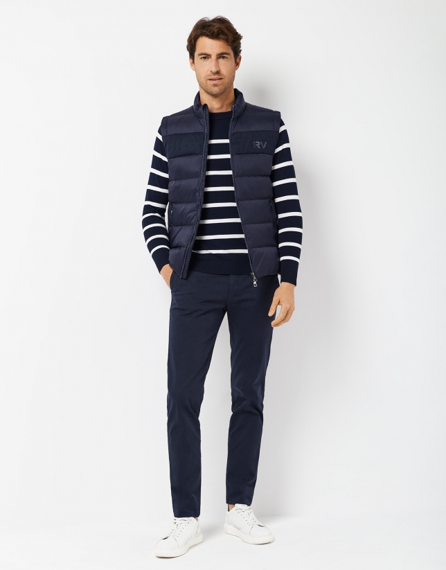 White and navy blue striped sweater