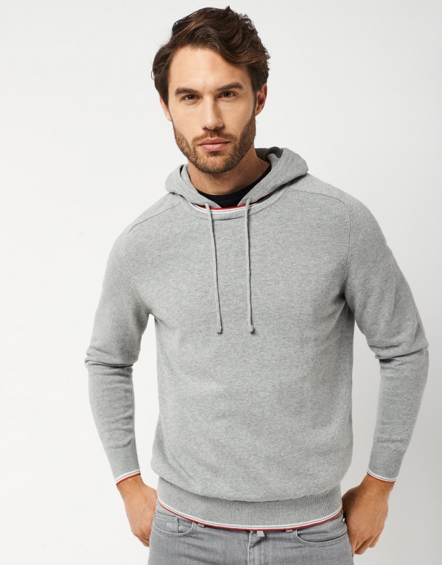 Gray melange high twist sweater with hood