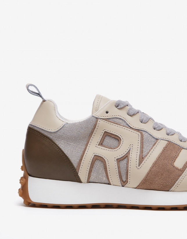 Beige leather and suede running shoes with gray bow