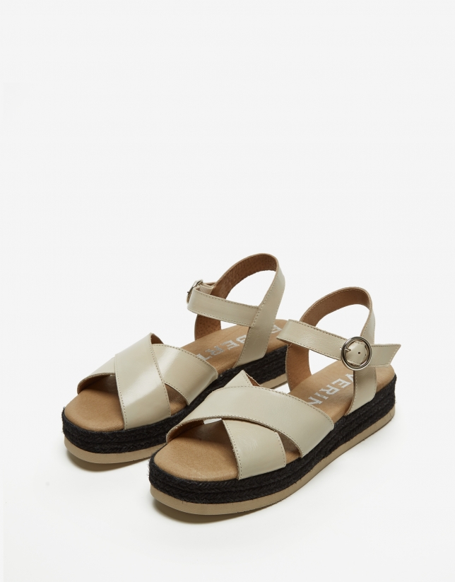 Beige leather and jute platform sandals