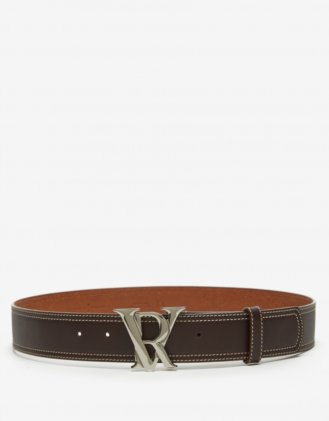 Brown leather double backstitching wide belt
