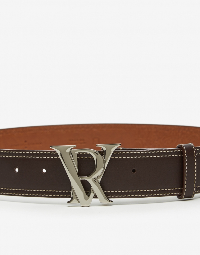 Brown leather double backstitching wide belt