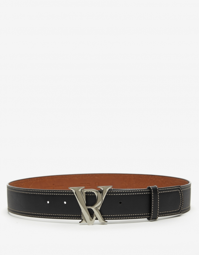 Black leather double backstitching wide belt