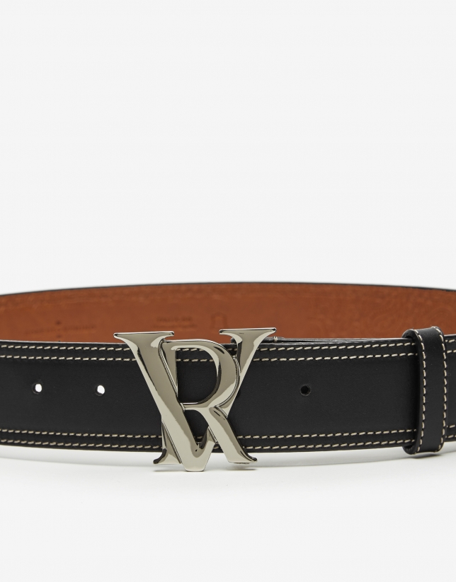 Black leather double backstitching wide belt