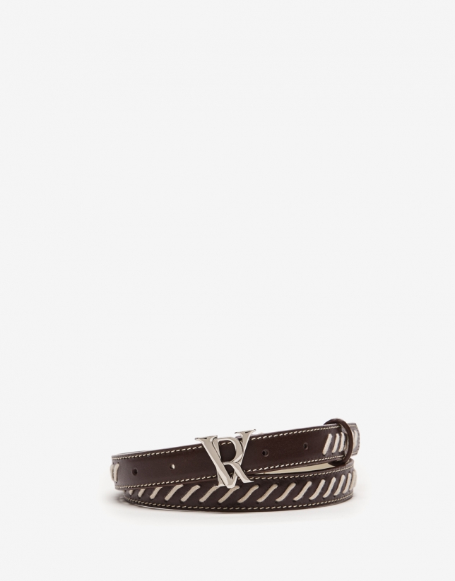 Brown leather belt with beige interlacing